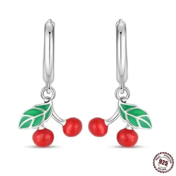 Sterling Silver Red Cherry Huggie Hoop Earrings s925
